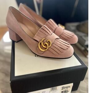 Gucci Double GG Marmont Blush Pink Suede Fringe Loafer Pump